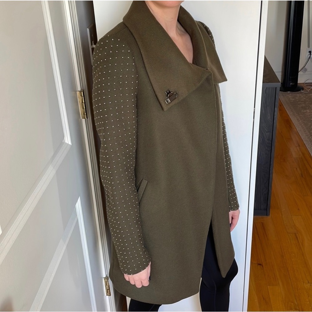 Zara studded long sleeve funnel neck coat army green size XS